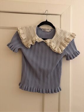 ZARA Light Blue Knit Top with Cream Ruffled Collar